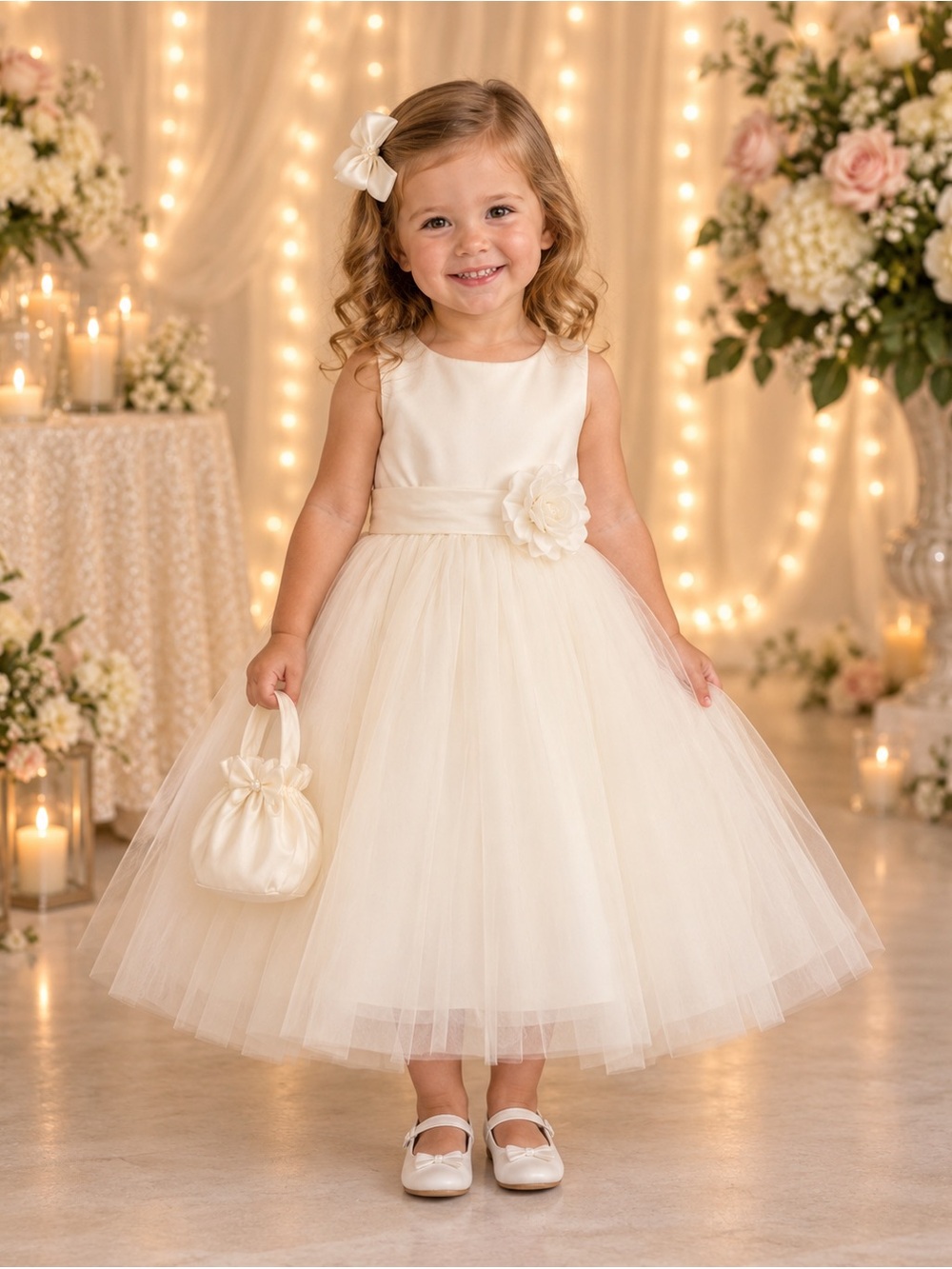 David’s Bridal Girls 3T Ivory Flower Girl Dress + Purse NWT Wedding